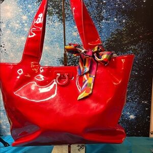 Salvador Faragamo Gancini Red Enameled Leather Large Tote Bag Beautiful!